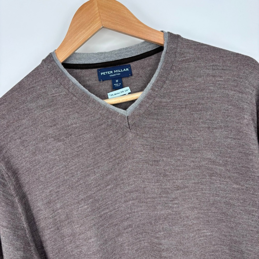 Peter Millar Merino Silk V-Neck Sweater Mens M Brown Heathered Golf Preppy